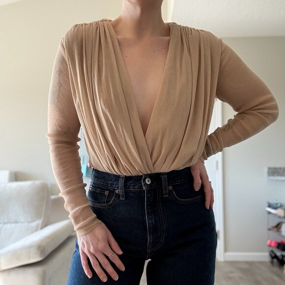 Abercrombie Mesh Net Draped Top (Bodysuit) in Shimmery Pale Tan, Size M - Picture 1 of 6